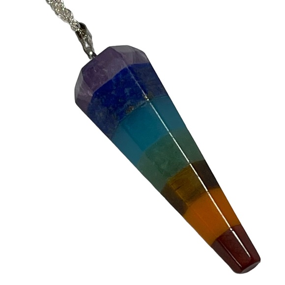 Rainbow Layered Faceted Pendulum Stone Pendant Necklace LGBTQ Pride Hippie NEW - Picture 8 of 13